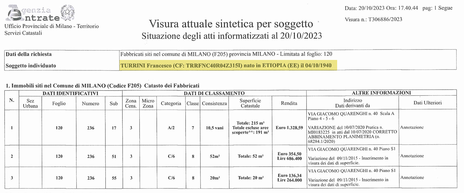 Example of visura catastale