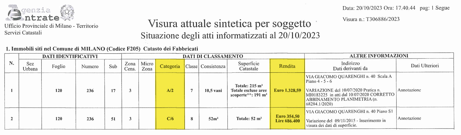 Example of visure per soggetto