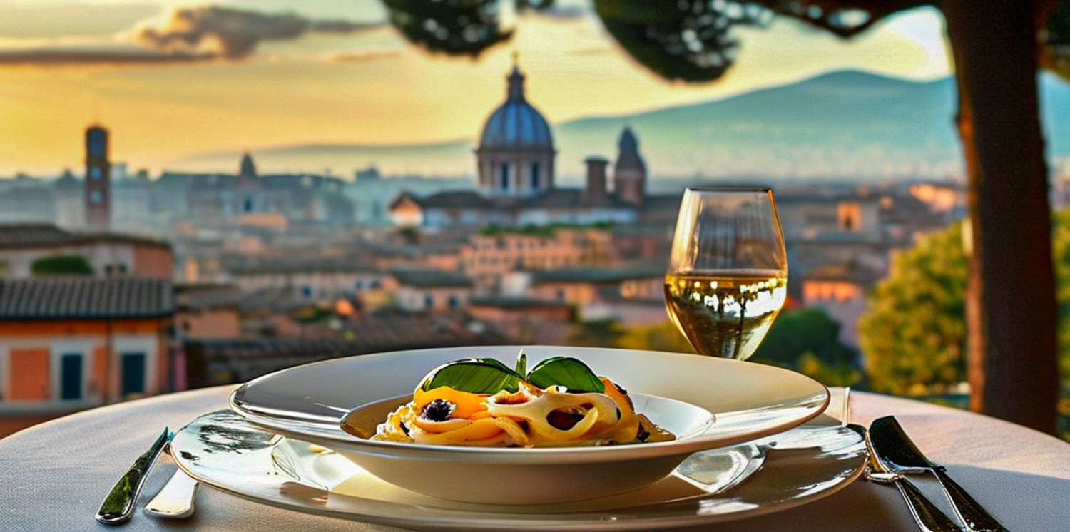 Rome in background with pasta