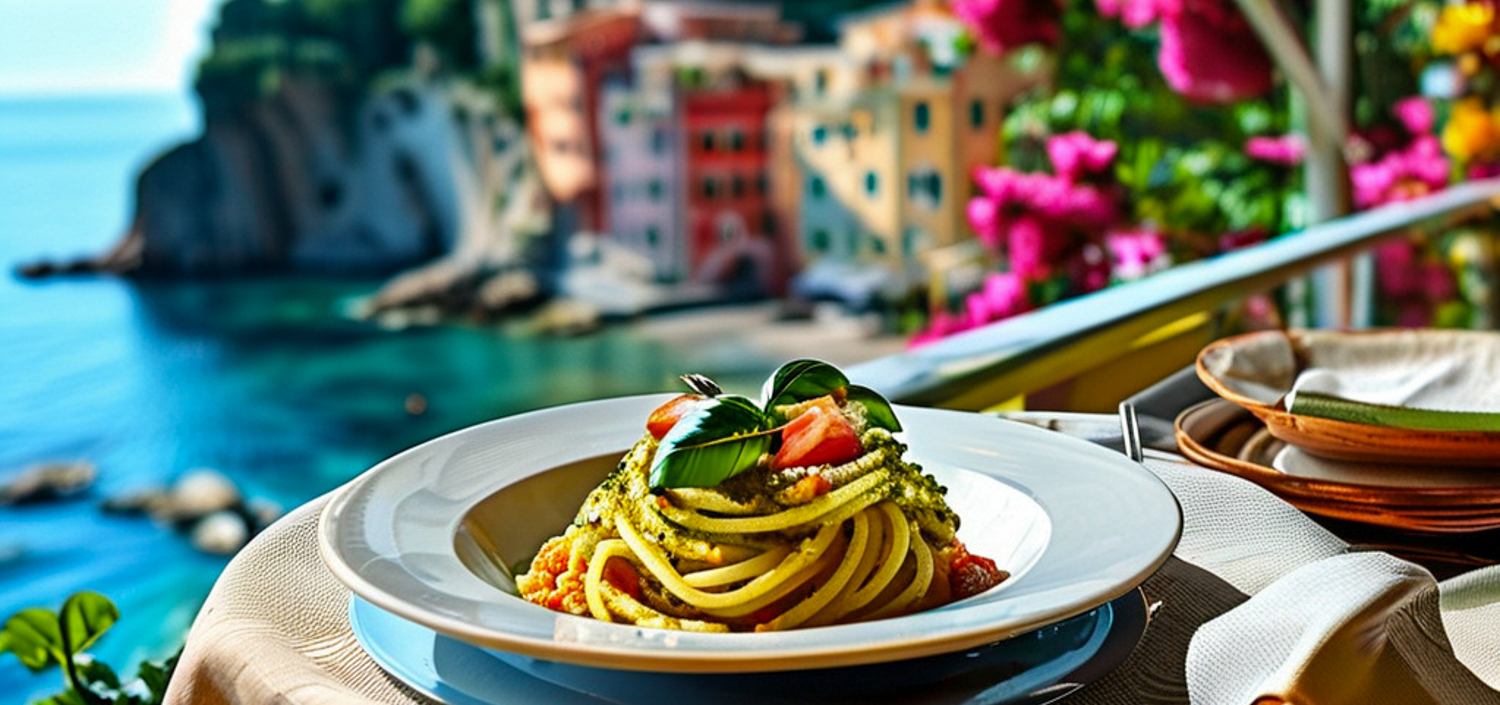 Coastal houses in Liguria with pasta