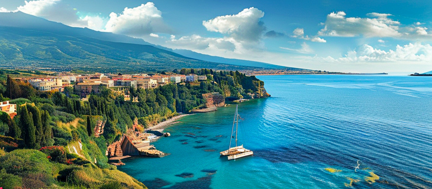 Coast of Sicily with summer houses on top of the climb