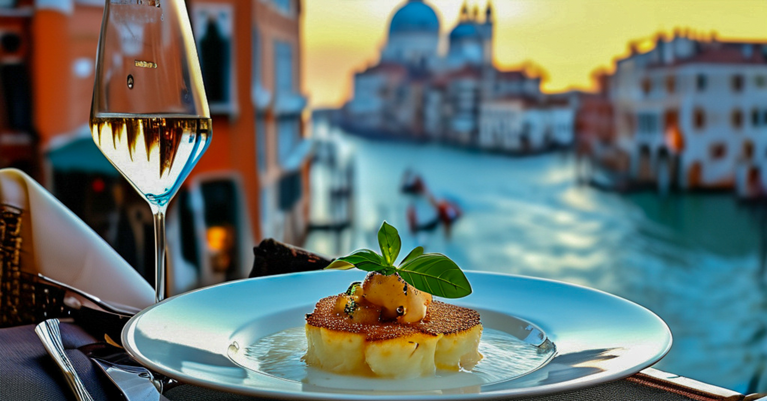 Venezia in backgroud with pasta